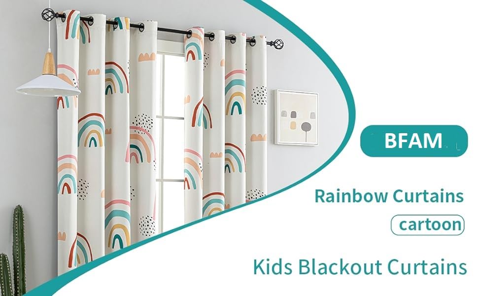 Image of BFAM Rainbow 100% Blackout Semi Sheer Curtain for Kids Cute Rainbow Room Darkening Window Curtains with Black Liner Blackout Curtain for Bedroom Nursery, Sold As 1 (10 Feet)