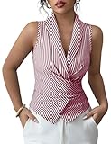 Sujama Blusa elegante a rayas con lazo en la cintura para mujer, sexy, cuello en V, sin mangas, con lazo en la espalda, ajuste delgado, para verano, trabajo, negocios, Rojo -, S