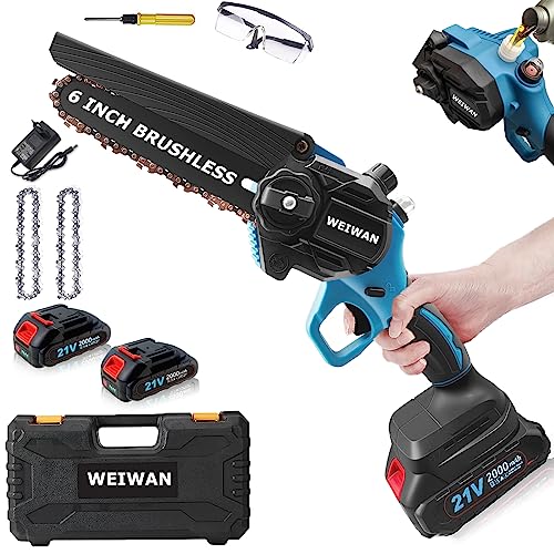 WEIWAN Mini Motosierra Bateria 6 Pulgadas + Engrasador Automáticopara, Motosierra Eléctrica Portátil jardín inalámbrica, 2 x 2000 mAh Baterías, 21V, 900W Motor sin escobillas