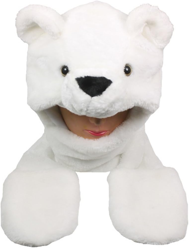 SWTChoose from Over 25 Animals! - Plush Faux Fur Animal Critter Hat Cap - Soft Warm Winter Headwear - Short with Ear Poms and Flaps & Long with Scarf and Mittens Available (Long Polar Bear)