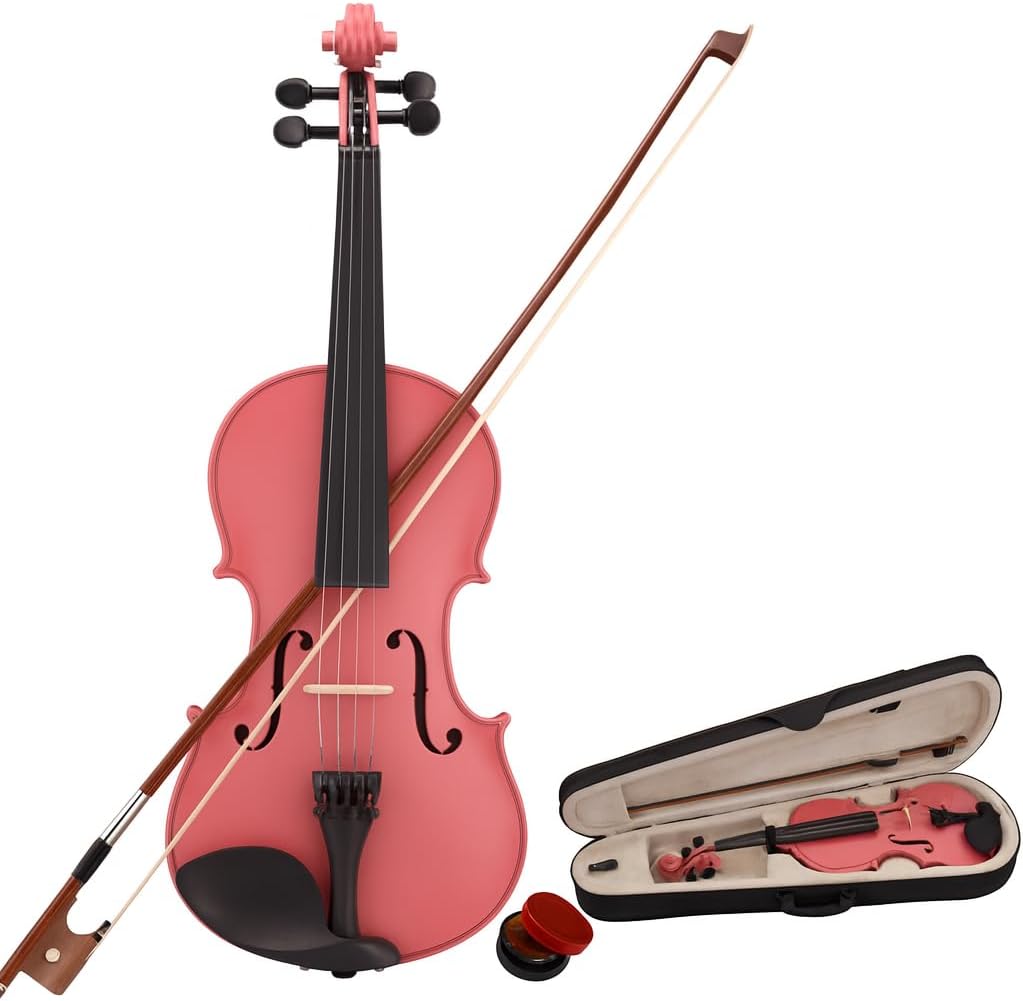 Beginner 4/4 Acoustic Violin Set for Adults & Students, Full Size Violin with Case, Bow, Rosin, Shoulder Rest & Extra Strings, Solid Wood Fiddle Starter Kit (4/4 Pink)