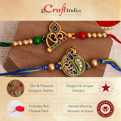 Image of eCraftIndia Multicolor Set of 2 Om Symbol and Peacock Designer Religious Rakhis with Roli Chawal Pack