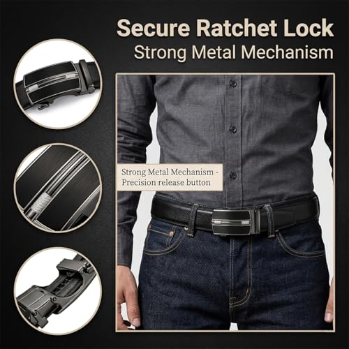 Image of JINIU Men's Ratchet Belt Buckle, Black Genuine Leather Slide Belt for Men Dress Suit, Micro Adjustable Trim to Fit Boxed