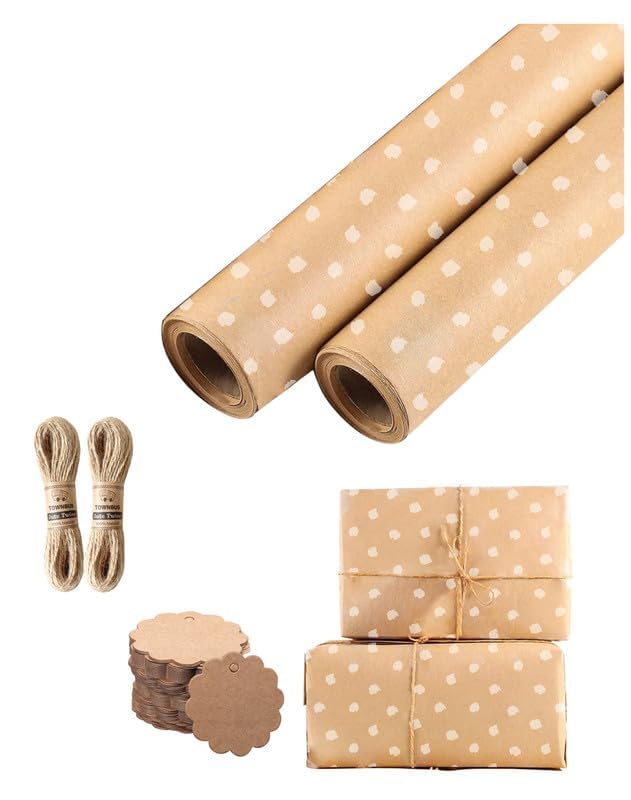TOWNBUS Kraft Wrapping Paper Pack of 10 (45cm x 60cm, 100 GSM) | White Smudge Dots Print | Includes 10 Tags & Jute Ropes | Ideal for Gift Packing, Bouquet Wrapping-picture-46