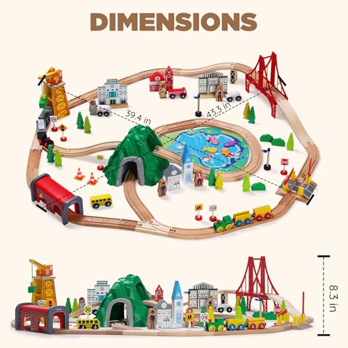 SainSmart Jr. 112-Piece Wooden Train Set for Toddler &ndash; Double-Sided Train Tracks, Compatible with Brio, Thomas, Melissa & Doug &ndash; Perfect Wood Toy for Boys and Girls