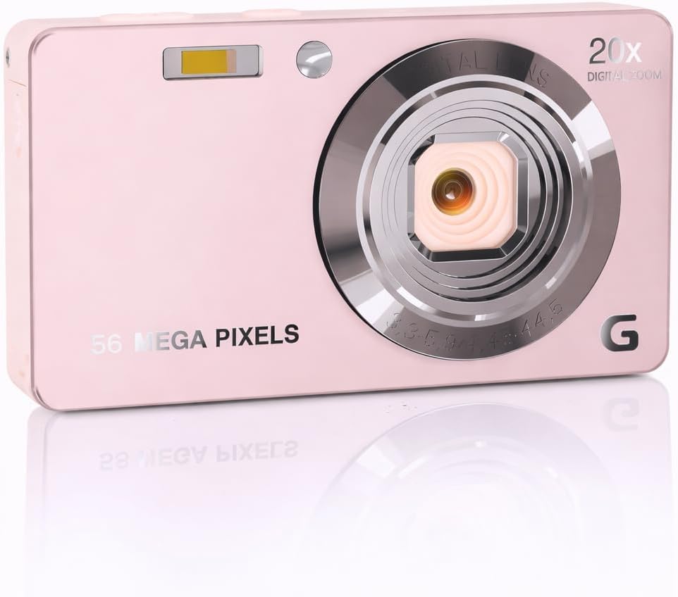 - 4K Digital Camera for Photography, 56MP Point and Shoot Camera with Autofocus, 20X Zoom, Anti-Shake, Video Camera for Adults, Teens, and Beginners (Pink)