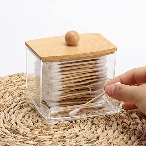 Image of Tbestmax 2 Pack 10oz Qtip Holder Dispenser with Bamboo Lids, Big Clear Bathroom Organizer Accessories Decor for Storage-Qtips Cotton Ball Holder Apothecary Jars, Cotton Swabs, Floss Container