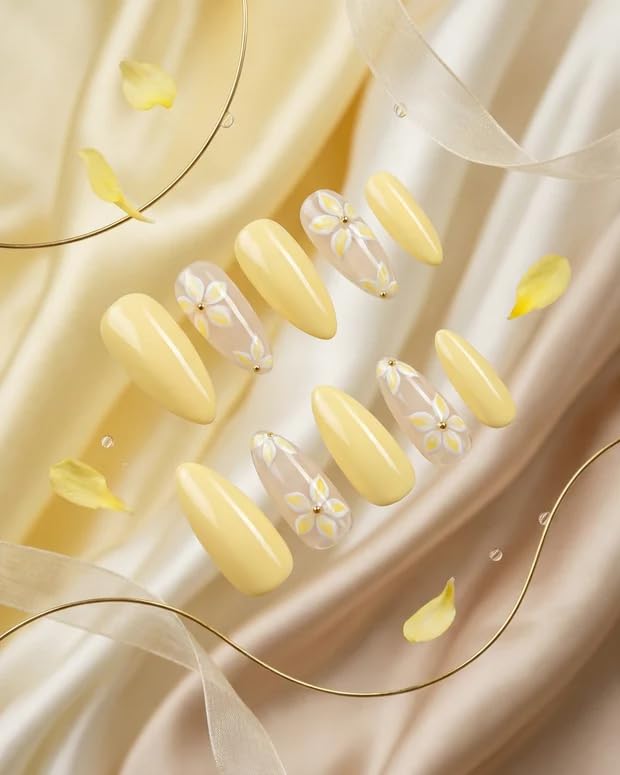 Soft Yellow Bloom Press-on Nails | Floral Design with Gold Bead Accents | Sheer and Solid Finish | Unbreakable & Comfortable False Nails Set | Fake Nails-image-20
