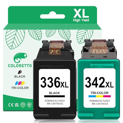COLORETTO Remanufacturado 336XL 342XL compatibles con HP 336 XL 342 XL para HP Deskjet 5420 Officejet 6310 6318 Photosmart 2570 2575 C3140 C3150 C3170 C3180 C4100 C4140 PSC 1507 (1 Negro 1 Tricolor)