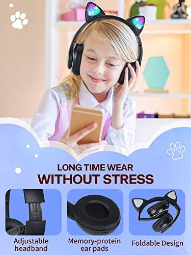 LAIBUY Kids Headphones, Cat Ear LED Light Up Foldable Bluetooth Headphone for Kids,2 in 1 Wired/Wireless Mode HD Stereo Sound for PC/Phone/iPad/Study/Travel