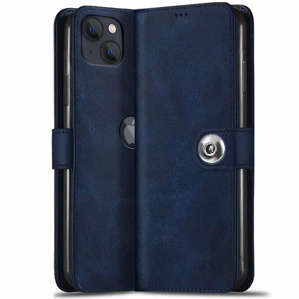 TheGiftKart Genuine Leather Finish Flip Back Cover Case for iPhone 14 | Inbuilt Pockets & Stand | Wallet Style | Designer Button Magnet Flip Cover Back Case for iPhone 14 (Faux Leather, Blue) (B0CQ2X4ZML) Amazon Price History, Amazon Price Tracker