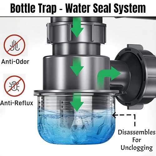 1-1/4\" and 1-1/2\" PVC Bottle Trap Plumbing Kit with Threaded Adapter, Sink Drain kit for Bathroom and Kitchen, P-Trap Replacement, Flexible Extension Tube Drain Tailpiece