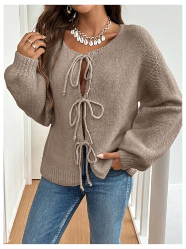 WDIRARA Women's Tie Front Crewneck Knit Cardigan Long Sleeve Drop Shoulder Sweater3