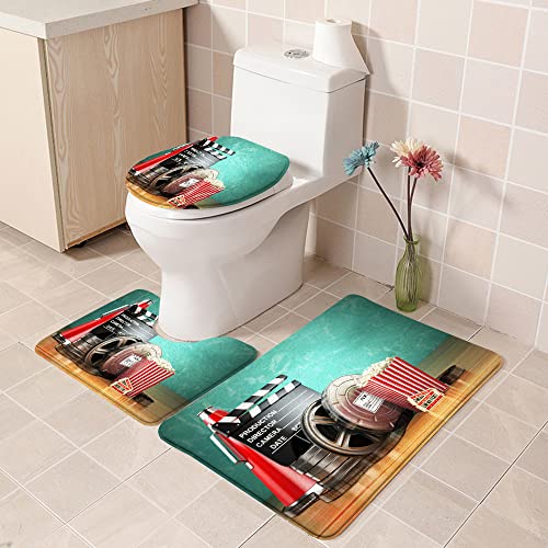 Badematte Badvorleger Set 3-TLG. Teppich, Kinoproduktion Thema 3D-Filmrollen Klappenkarten Popcorn und Megaphon… – Bild 3