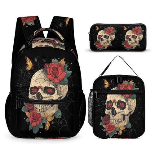 Rose Skull Spider Web Funny Backpack Set with Lunch Bag And Pencil Case Lightweight Bags Sets