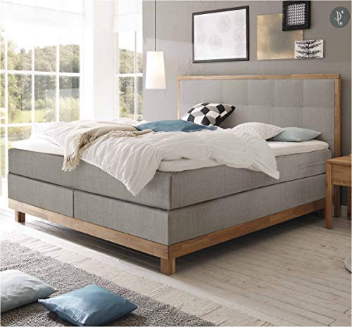 Hasena Boxspringbett Chalet Eiche Bianco|Stoff grau 140x200 Topper Agrea (Liegekomfort: medium)