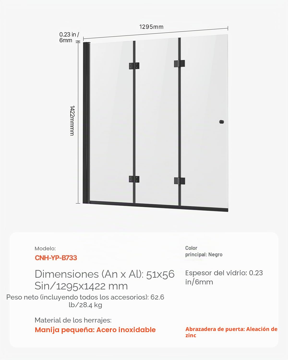 VEVOR Puerta de Ducha para Bañera 1295 x 1422 mm, Puerta de Ducha Plegable de Tres Pliegues sin Marco con Bisagras, Puerta de Vidrio Templado Giratoria de 180°, Grosor de Vidrio de 6 mm, Negro