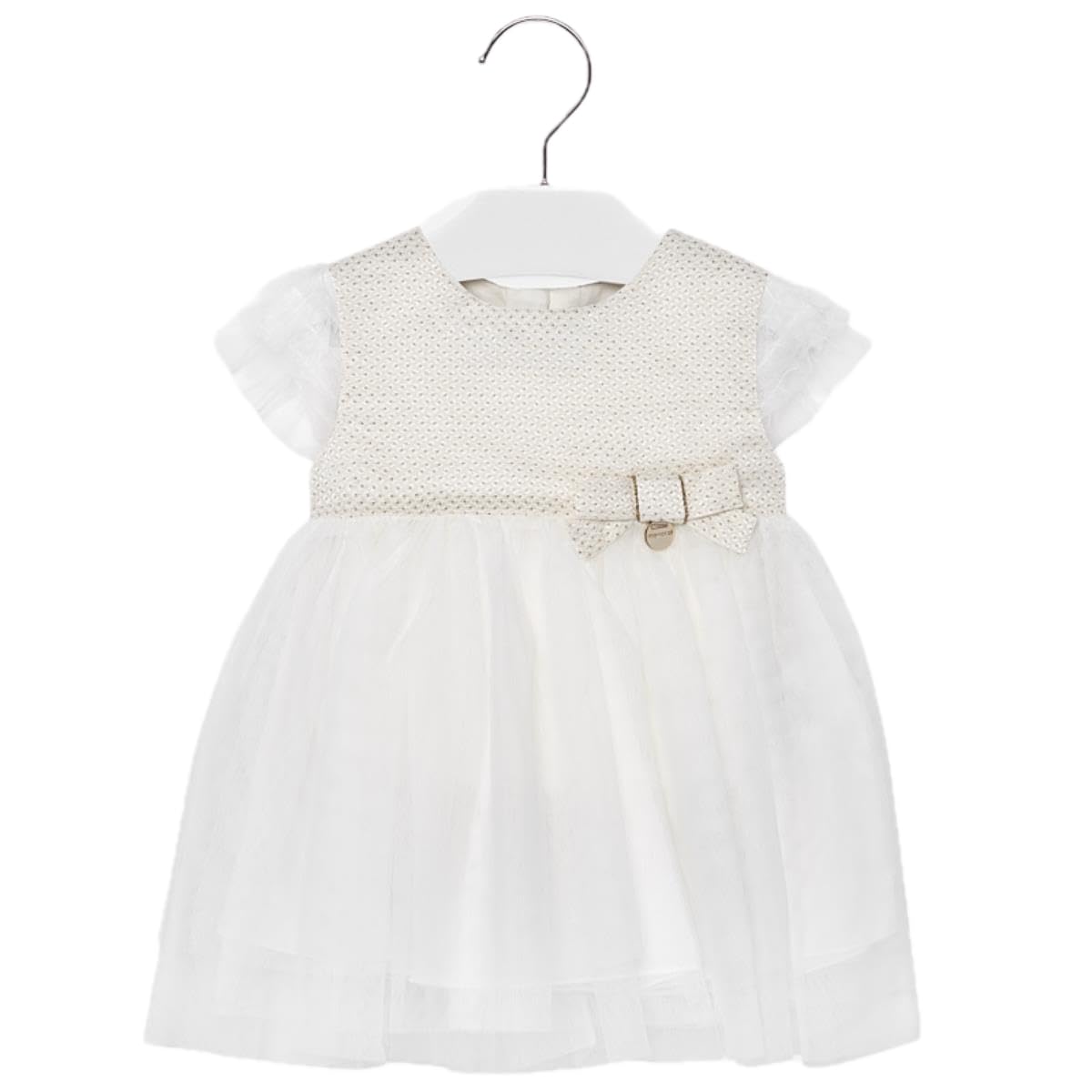 Mayoral Vestido elegante blanco para bebé con tul y lazo, perfecto para ceremonias y ocasiones especiales