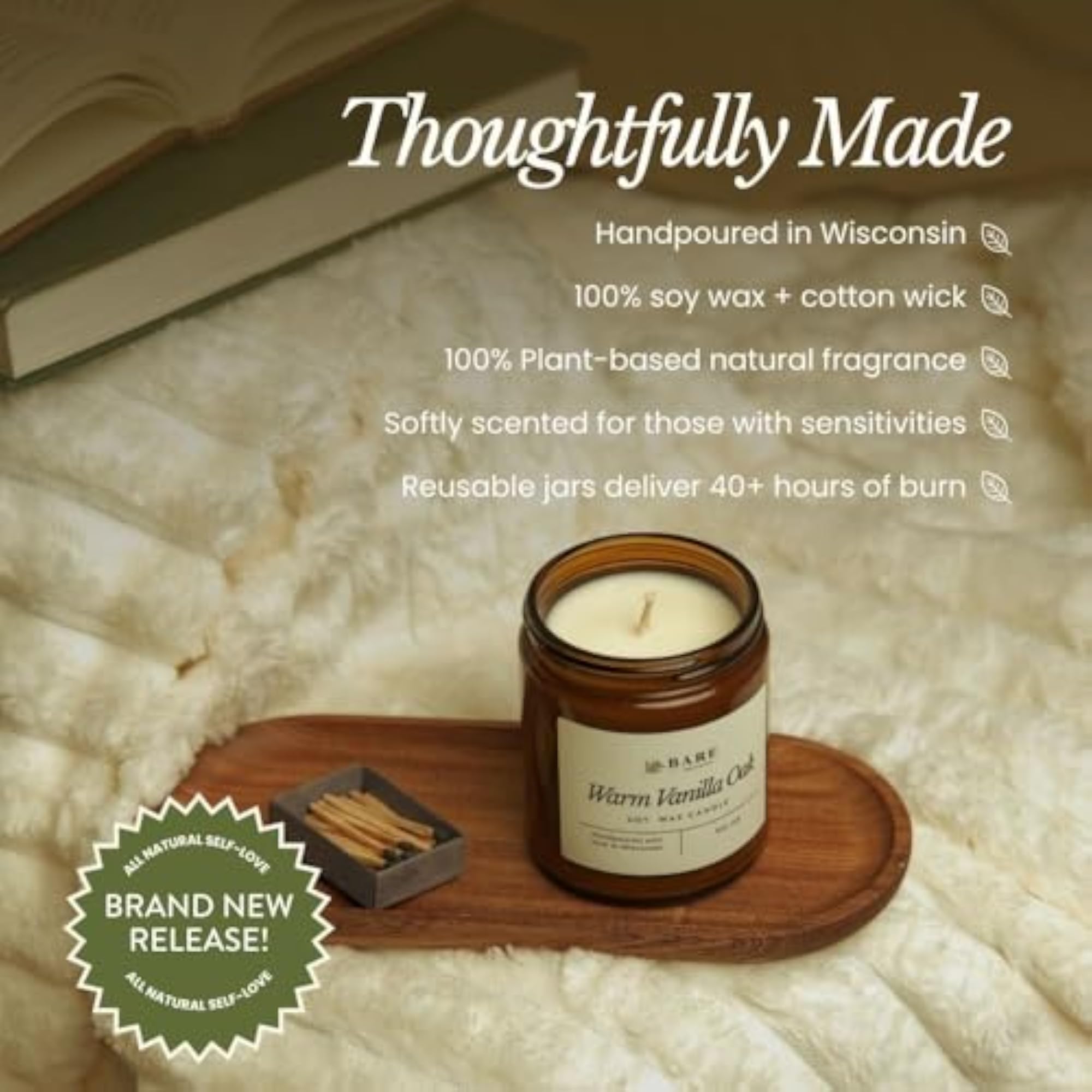 Warm Vanilla Oak Scented Soy Candle, Natural Fragrance