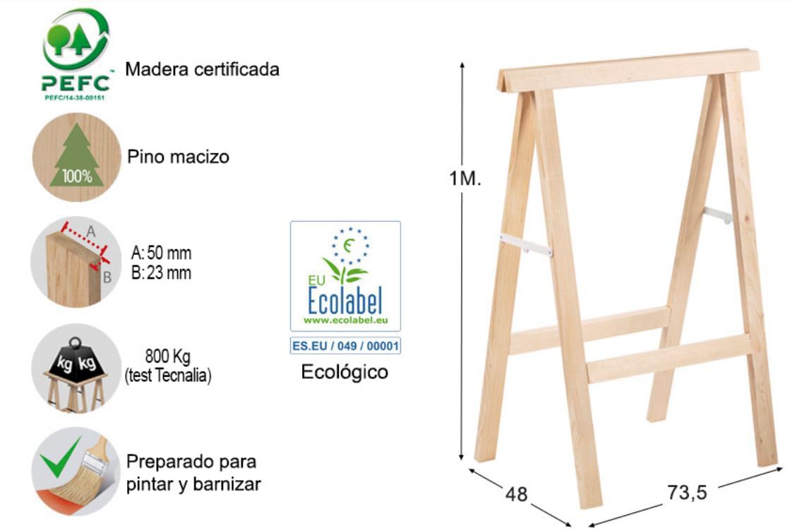 Suinga Pack 2 Caballetes de Madera Plegables para Carpintería y Bricolaje 74x73,5 cm | Ideal para Montar Tableros y Cortar Madera
