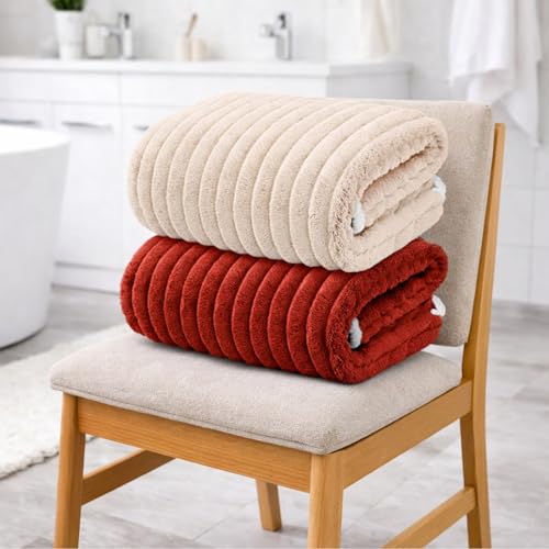 Image of MAXOSHINE Microfiber Towels for Bath-Stripes Bath Towel for Men and Women-Soft Coral Fleece Zero Twist Towel with Hook 400 GSM Quick Dry Super Absorbent-70 x 140 cm (2, Red /Beige)