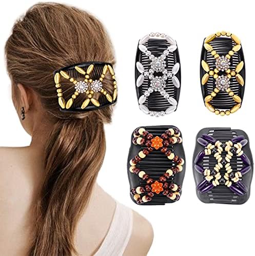 CCbeauty 4pcs Magic Hair Combs Hair Clips for Women Decorative Accessories, Elastic Hair Clips, Stretchy Combs for Hair, Hair Double-Side Combs Wood Beaded Clips Bun Maker Hair DIY Accessories for Ladies Girls(Classic Style)