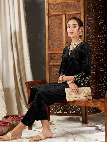Image of Women's Velvet Floral Embroidered Straight Kurta | Round Neck Three-Quarter Sleeve Calf Length Kurti with Thread Work