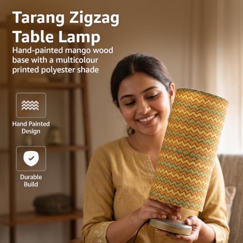 Image of Amazon Basics Tarang Zigzag Table Lamp | Hand-Painted Mango Wood Base with Printed Polyester Shade | E14 Holder | Decorative Night Lamp for Bedroom, Living Room & Study Room | Home Decor Gift