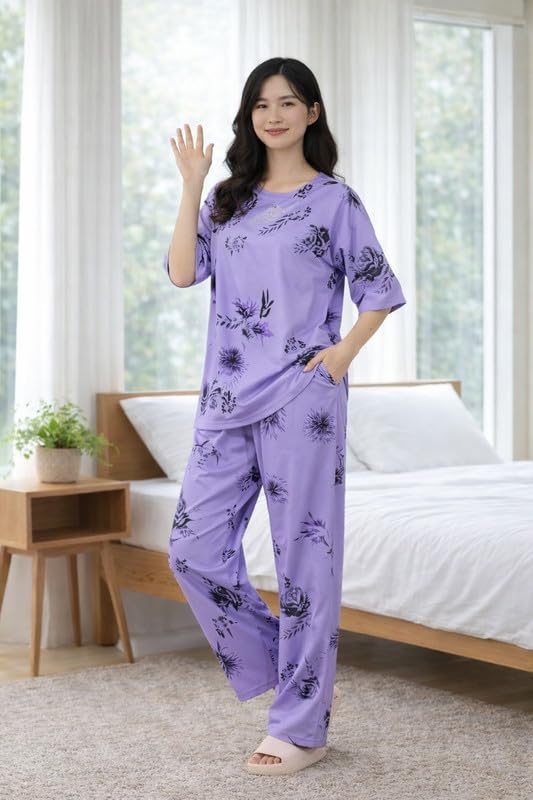 Image of Women's Pajama Set with Top & Pants|| Korean Night Wear|| Loose Fit Home Wear || Lightweight Printed Set || Soft & Comfy Girls & Women