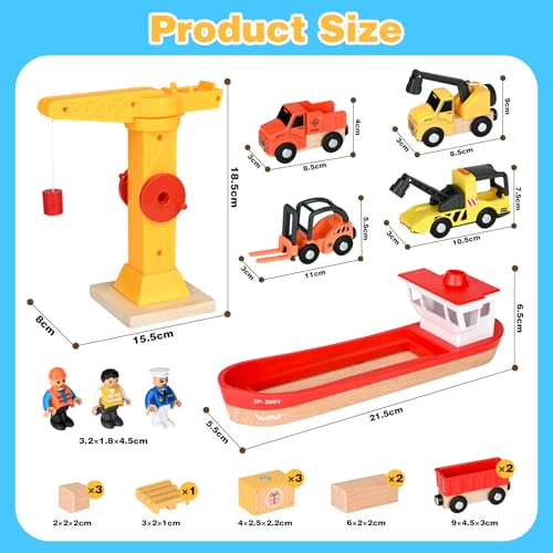 Vanplay Kran Spielzeug Baustellenfahrzeuge Kinder - Holz Baustelle Spielzeug ab 3 Jahre Junge mit Schiff, LKW Kranwagen Muldenkipper Anhänger & Gabelstapler Geschenk 3 4 5 Jahre Junge