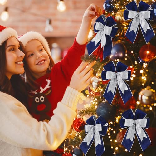 Lazos de terciopelo azul para árbol de Navidad y decoración de coronas en el hogar 5