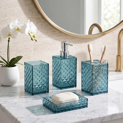 Image of Story@Home 4 Pieces Bathroom Accessories Set - Teal | Toothbrush Holder, Soap Dispenser, Mouth Wash Cup & Soap Dish for Home Kitchen & Bathroom | Bathroom Essentials for Office
