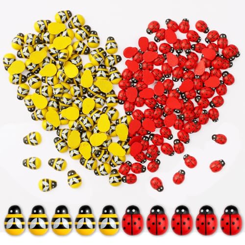 Notoke Lot de 200 décorations de coccinelles et abeilles, 100 coccinelles en bois et 100 abeilles en bois, mini coccinelles en bois, pour bricolage,...