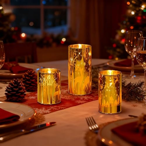 Image of Wondise Christmas Gold Reindeer LED Flameless Candles with Remote Timer, Electroplate Glass Battery Operated Real Wax Flickering 3D Wick Pillar Candles for Christmas Holiday Home Decoration