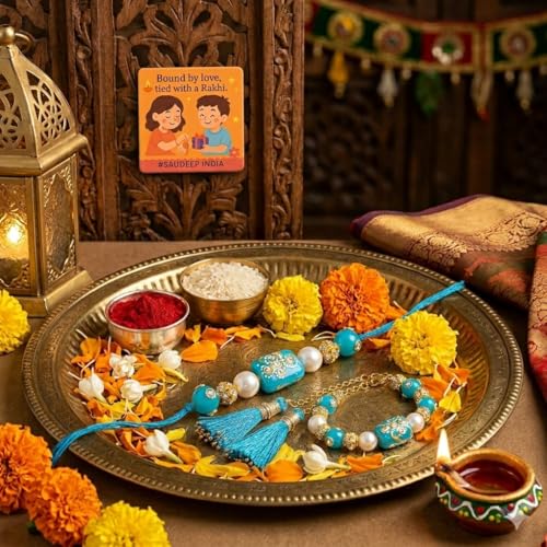 Image of SAUDEEP INDIA Decorative Fridge Magnet for Refrigerator Decor | Free Blue Stone Lumba Rakhi Set for Bhaiya Bhabhi with Rakhi for Brother | Raksha Bandhan Gift Combo | Festive Home Decor(Couple Rakhi)