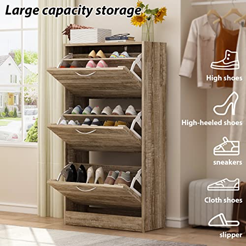 Agoteni Shoe Cabinet, Natural Narrow Shoe Cabinet With 3 Flip Doors & Adjustable Shelf, Modern Shoe Storage Cabinet For Entryway Hallway (22.4”W X 9.4”D X 42.3”H) #TOP3