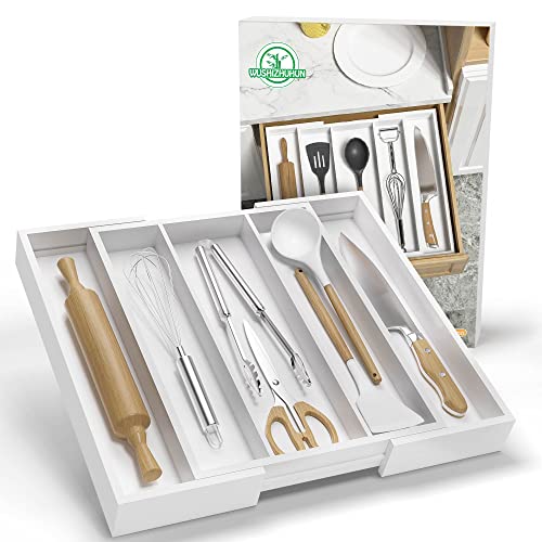 Wushizhuhun Utensil Organizer For Kitchen Drawers - Bamboo Silverware Tray Expandable 5 Slots Drawer Organizer For Office And Pantry Supplies W13.7-19.9" X L17.6 X H2.5 (White) #TOP6