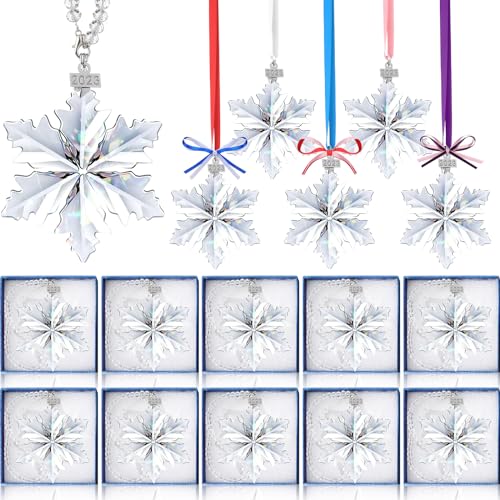 Roowest 16 Pack Christmas 2023 Snowflake Crystal Ornaments Clear Decorative Hanging Ornaments Crystal Snowflake Pendant Decoration with Colorful Ribbons Gift Boxes for Xmas Party Tree Decor (Cute)