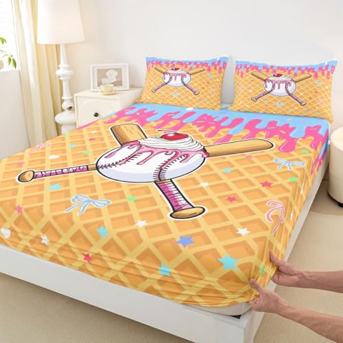 Image of Castle Fairy Baseball Cap Bed Sheets Queen Size,Ice Cream Cherry Plaid Print Bedding Set, Cute Sweet Sports Style Boys Girls Room Decor,Pink Yellow Sheet(Fitted+Flat+2 Pillowcases)