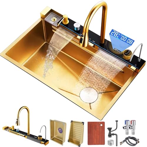 FIVIXIL Lava-louça de cozinha 68 * 46 cm pia digital em cascata Whale torneiras multifunções com lava-loiças, dispensador de sabão, em cascata Flying Rain, controlo de mesa, etc