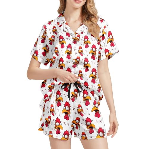 Image of Funny Satin Pajamas Set for Women Button Down Sleepwear Print Pjs Set 2 Piece Short Sleeve Loungewear Gift for Women