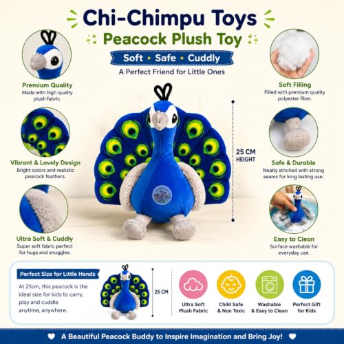 Image of Chi-Chimpu Toyss Sitting Peacock Soft Toy 25cm | Cute Blue Peacock Plush Stuffed Toy for Kids | Soft & Cuddly Bird Toy | Decorative Peacock Toy | Birthday Gift for Boys & Girls