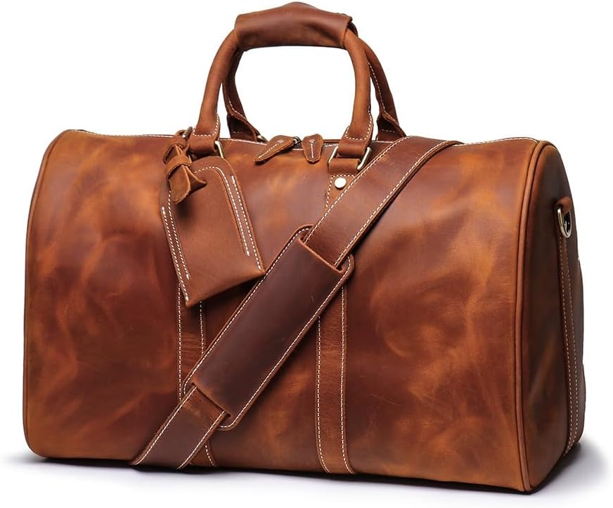 Genuine Leather Men Travel Bag Cowhide Luggage Bags Shoulder Bag Women Weekend Bag Overnight Gym Sports Carry On Duffel Bag (Brown-18")