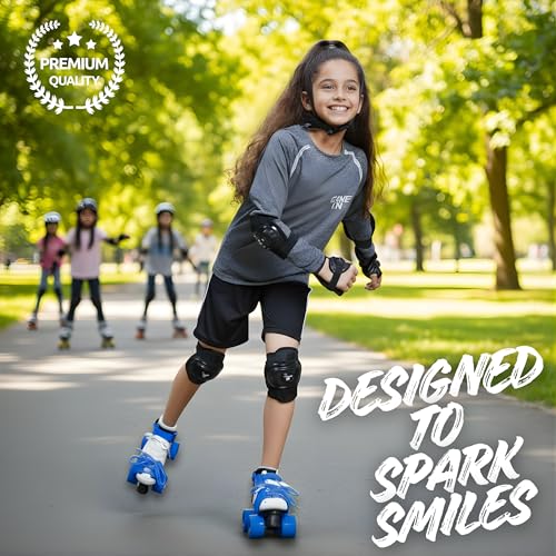 Image of Skating Shoes - Roller Skates for Kids 6-12 with Auto Precision Ball Bearings, 50mm Anti Skid Vinyl Wheels, Toe Stoppers, Bigger Wheel Size, Blue, Super Xplod