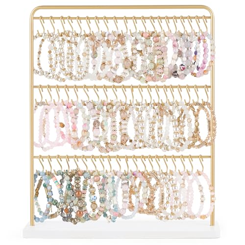 Mkono Bracelet Holder Metal Jewelry Organizer Display Stand Gold Necklace Holder with 60 Hooks Modern Storage Rack Hanger for Bangle Bedroom Dressing Table Decor Gifts for Women
