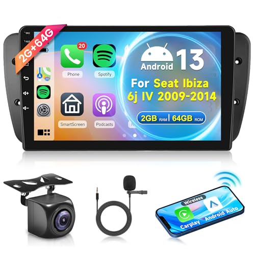 2G+64G Wireless Carplay Android 13 Radio de Coche 2 Din para Seat Ibiza 6j IV 2009-2014 9 Pulgadas con Android Auto Navi GPS WiFi Mirror Link Bluetooth FM/RDS DAB/DVR/EQ/SWC Cámara Trasera