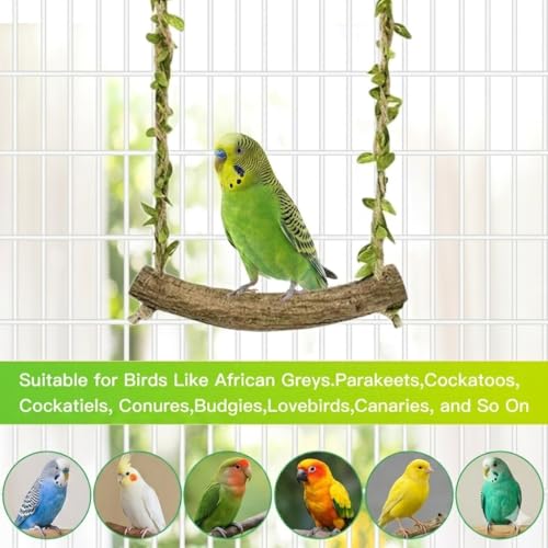 image for Hiwzitar Natural Wood Bird Swing Perch with Decorative Leaves - 7.1