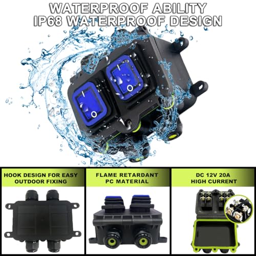 MKBKLLJY IP68 Waterproof Inline Cord Switch DPST DC 12V 20A 4 Pin 2 Position Toggle Switch Outdoor Waterproof Box Two Side Entry And Exit Line ON/OFF With Blue Light KCD4 Screws Heat Shrink Tubing - Image 3