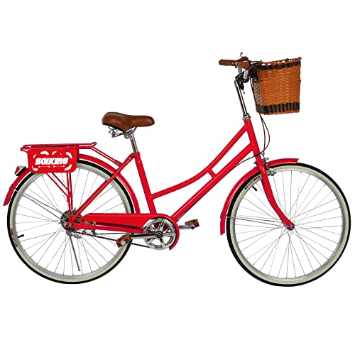 Womens Beach Cruiser Bike, 26 Inch Classic Retro Bicycle Road Bikes, Commuter Bicycle High-Carbon Steel Frame, Front Basket, Rear Racks For Leisure Picnics Shopping (Red) #TOP7