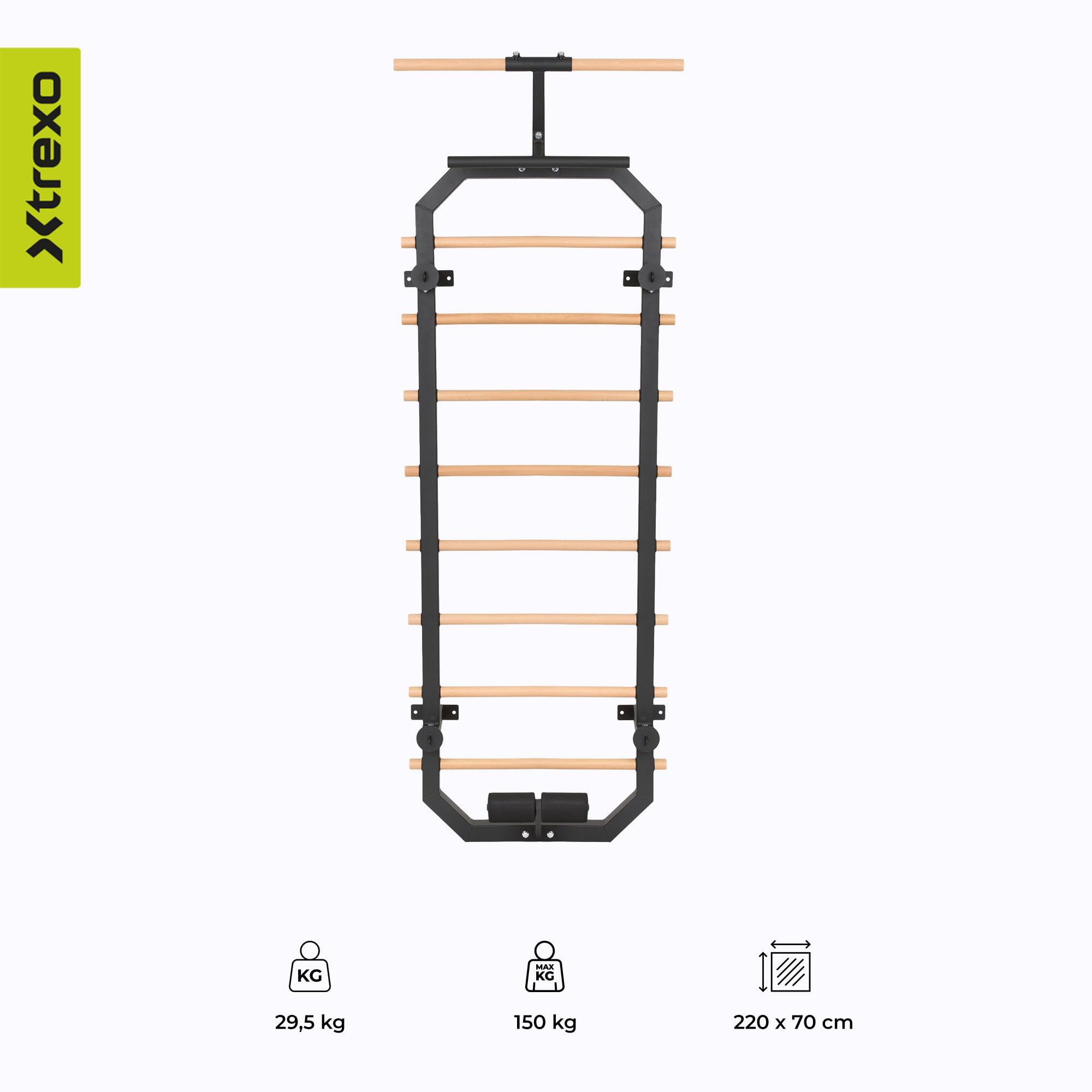 Ścianka ze szczeblami Multicore Pro 220 cm do treningu domowego | Rama stalowa, szczeble z drewna bukowego, montaż ścienny, 8 szczebli i akcesoria zapewniające siłę, mobilność i rozciągliwość